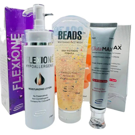 Hydrating & Brightening Trio Discount Box: Flexione Lotion, Glutamax Cream & Beads Face Wash