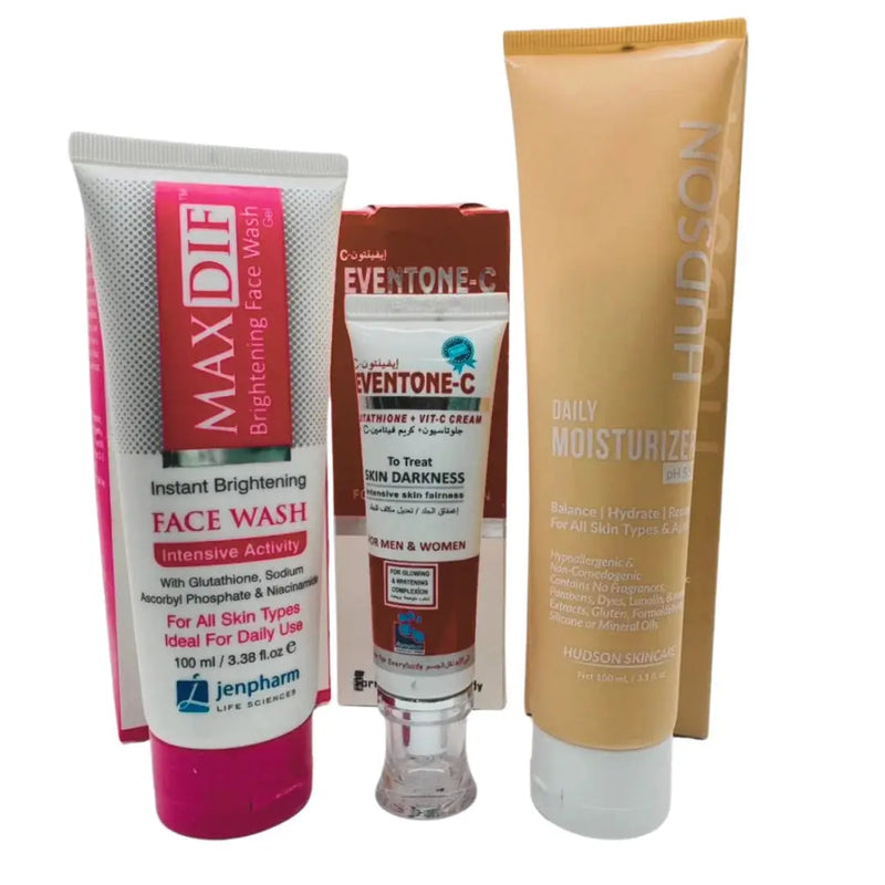 Skin Brightening Trio Discount Box: Eventone-C Cream, Maxdif Face Wash & Hudson Moisturizer