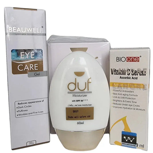 Skin Rejuvenation Discount Box: BEAUWELL Eye Gel, Duf Moisturizer & Bio One Vitamin C Serum