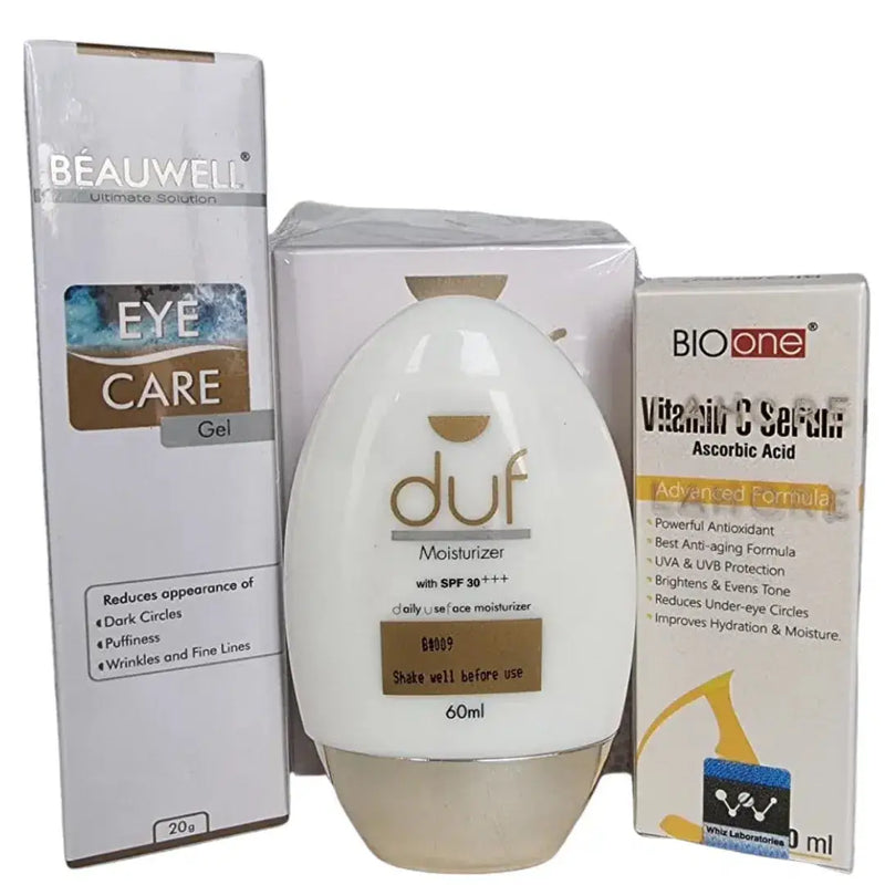 Skin Rejuvenation Discount Box: BEAUWELL Eye Gel, Duf Moisturizer & Bio One Vitamin C Serum