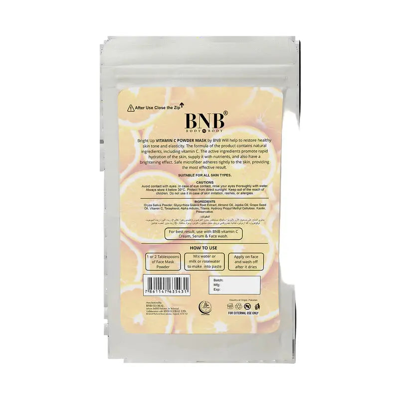 BNB Bright Up Vitamin C Mask product packaging vitamin C brightening formula all skin types