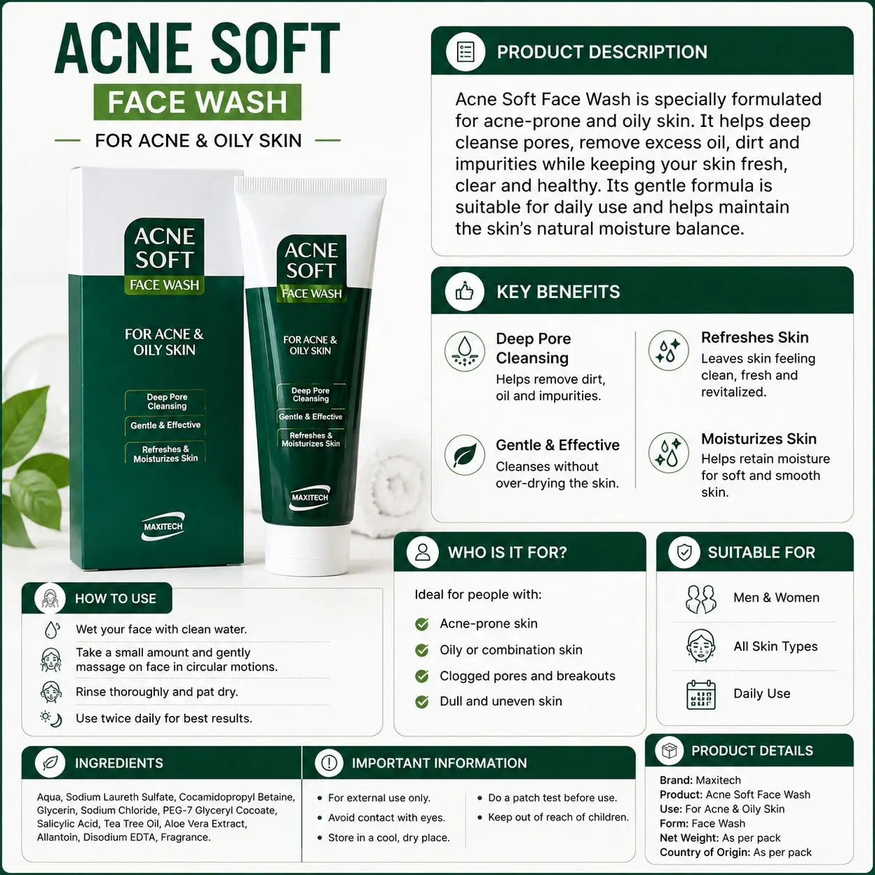 Maxitech Acne Soft Face Wash 120ml — pore-clearing cleanser for oily skin