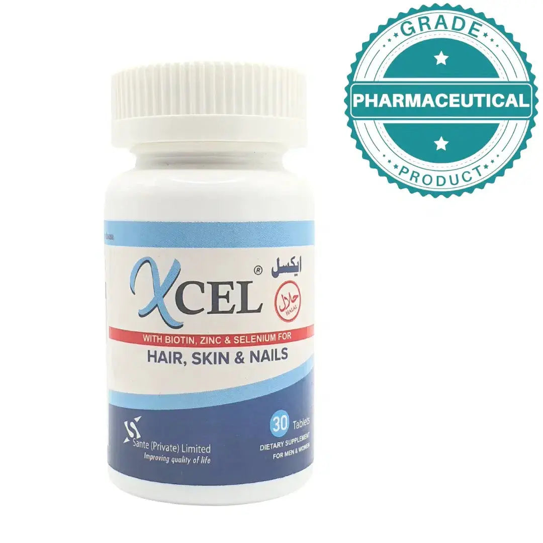 Xcel supplement back-of-pack showing biotin, collagen, zinc and selenium ingredients | Derma.pk