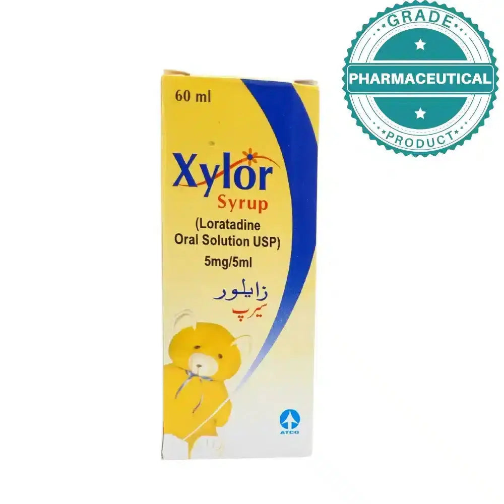 Xylor 60ml loratadine 5mg per 5ml syrup side label with dosing