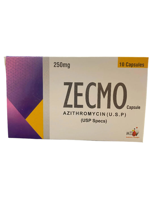 Zecmo Azithromycin 250mg Antibiotic Capsules by MTI Medical