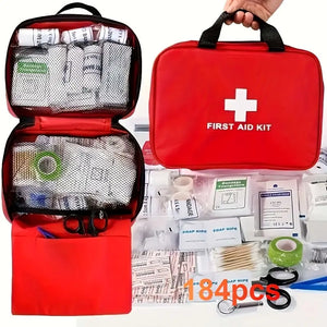 184pcs Multi-Purpose First Aid Kit | Portable Kit for Outdoor Hunting, Hiking, Camping | Includes Scissors, Tweezers, Bandage, Tourniquet | Red Color