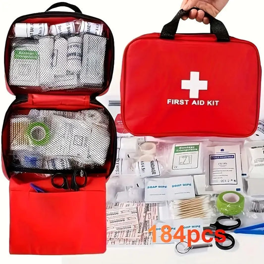 184pcs Multi-Purpose First Aid Kit | Portable Kit for Outdoor Hunting, Hiking, Camping | Includes Scissors, Tweezers, Bandage, Tourniquet | Red Color – Available in Pakistan