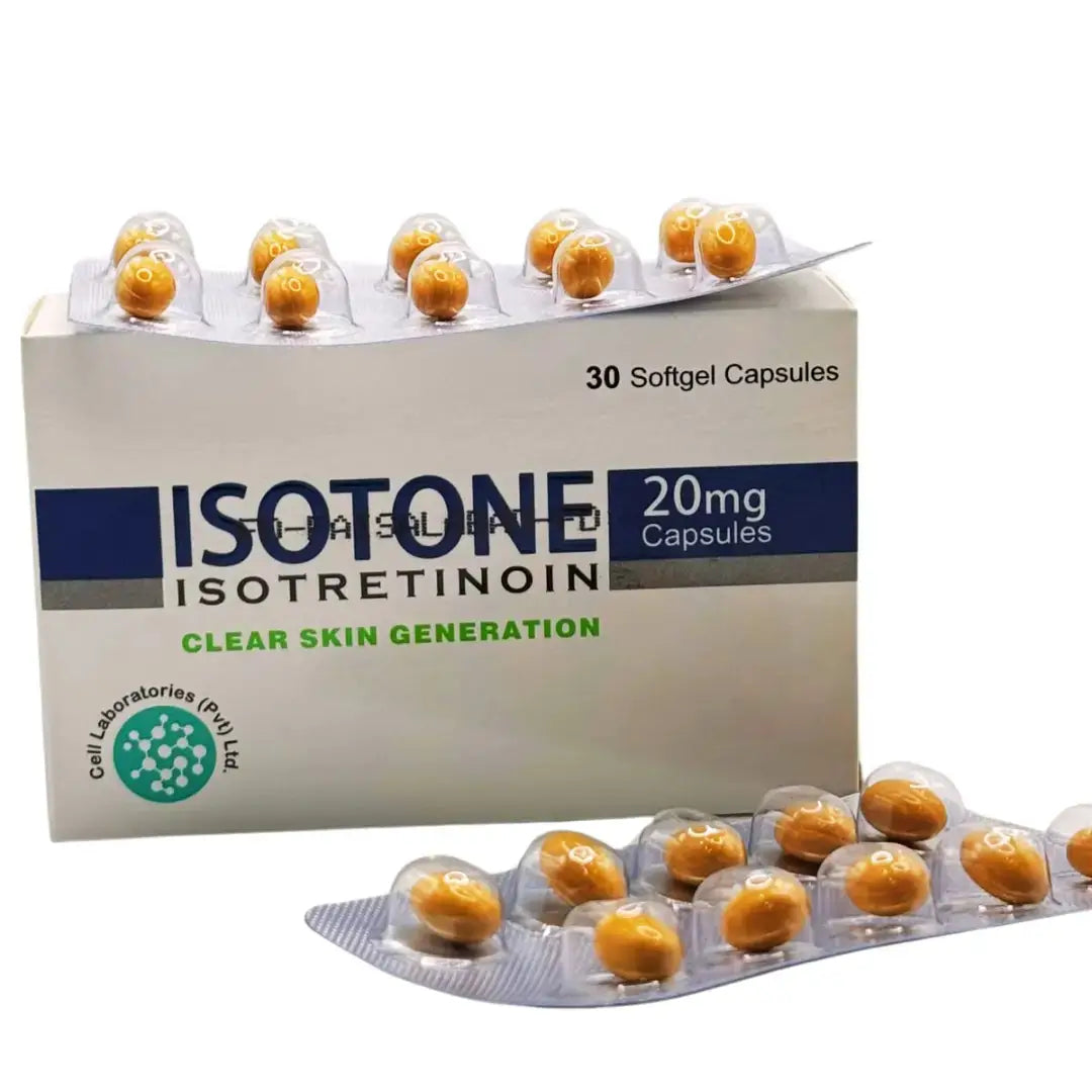 Isotone 20mg isotretinoin capsule blister detail — Cell Laboratories Pakistan