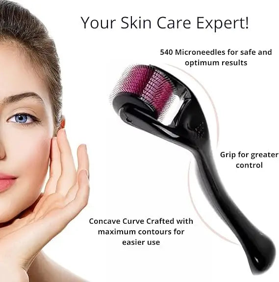Facial roller with microneedles and a woman's face, labeled 'Your Skin Care Expert'.