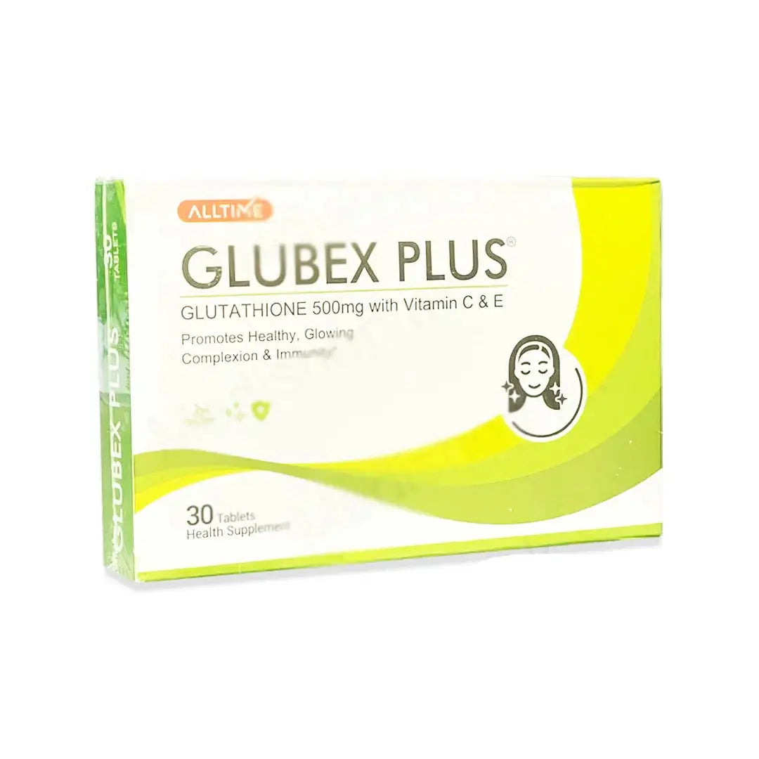 Glubex Plus Tablets 30s Glutathione Vitamin C and E skin brightening supplement front pack