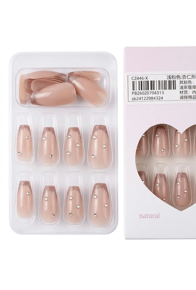 Shein False Nails with Rose Gold Glitter Tips & Rhinestones