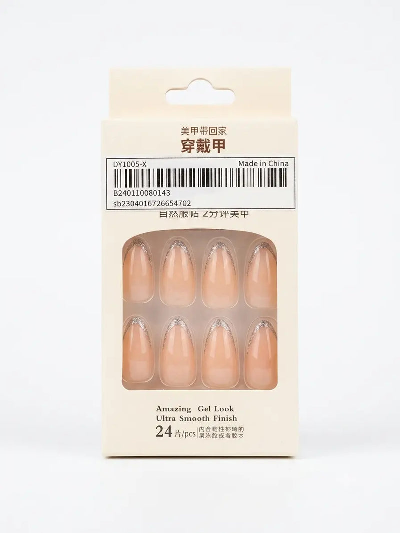 Elegant French Tip Press-On Nails | Silver Glitter Accent