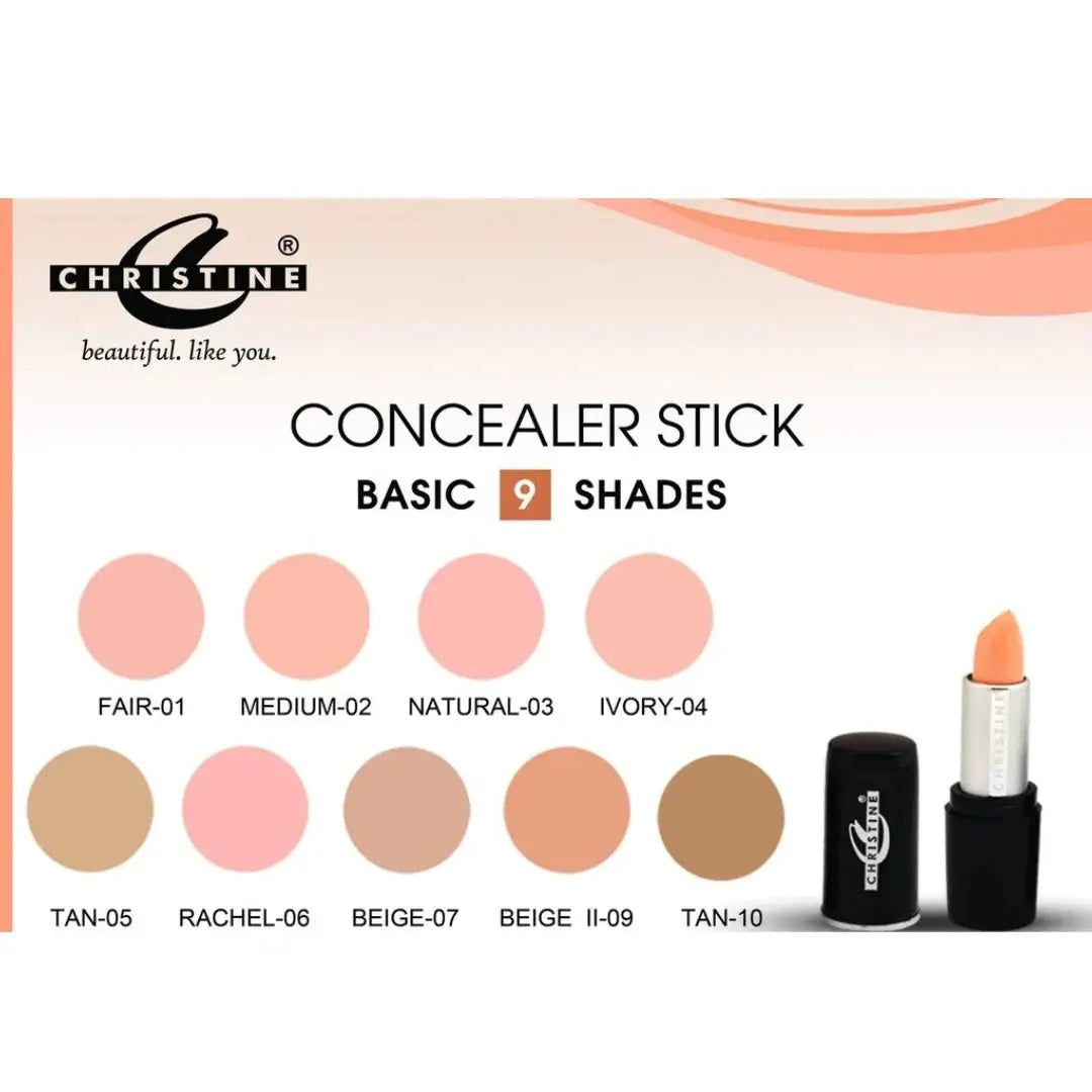 Christine Concealer Stick shade card showing Shade 01 Fair among available shades