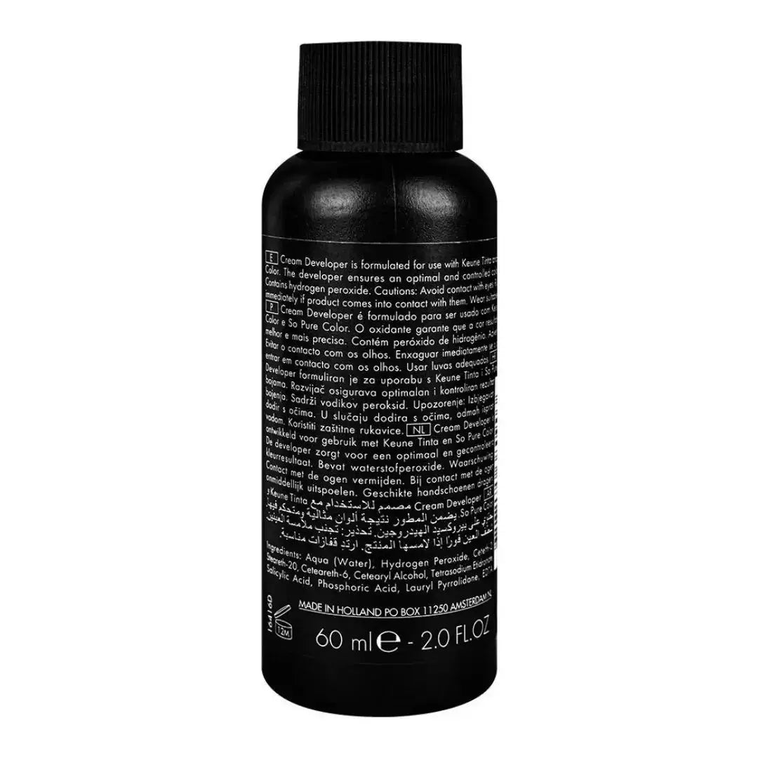 Keune Cream Developer 20 Vol back label showing 6% H2O2 formula and mixing instructions