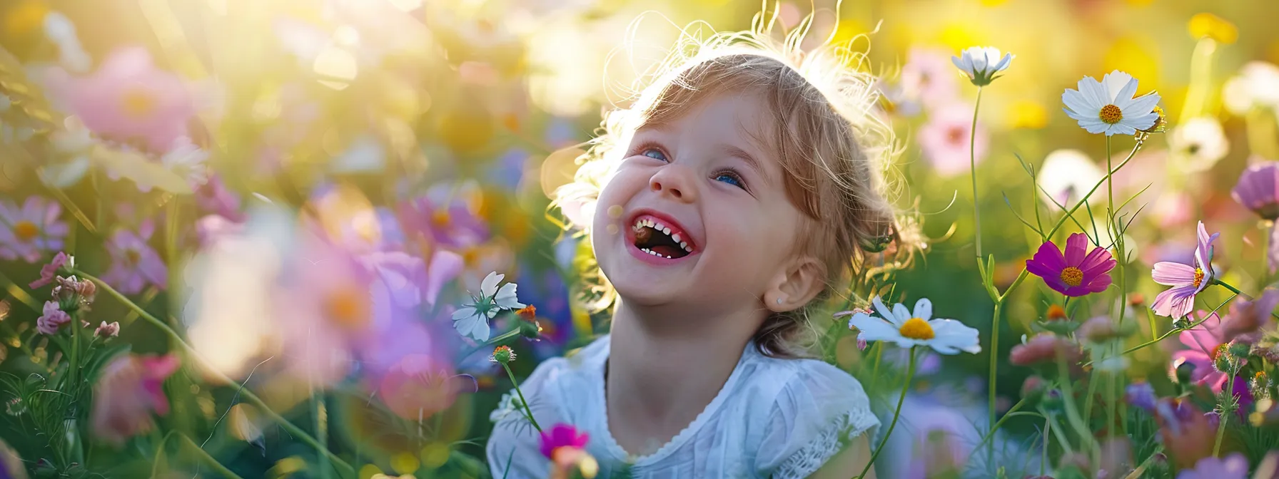 a child happily playing in a field of vibrant flowers with clear and healthy skin, demonstrating the prevention of eczema.